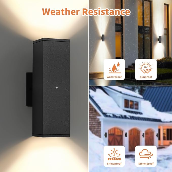 1 Pack Dusk to Dawn Outdoor Lighting, LED Square Up and Down Outdoor Sconce Lights, Matte Black Exterior Lighting Fixtures with 7W LED Bulbs, Front Porch Lights for house, Garage, Patio, Doorway
