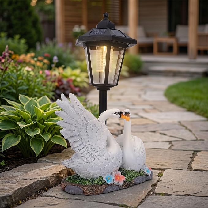 Solar Swan Lantern Outdoor Resin Garden Statue | with Solar Powered Warm Light and Stable Base for Patio Lawn Pathway Decor