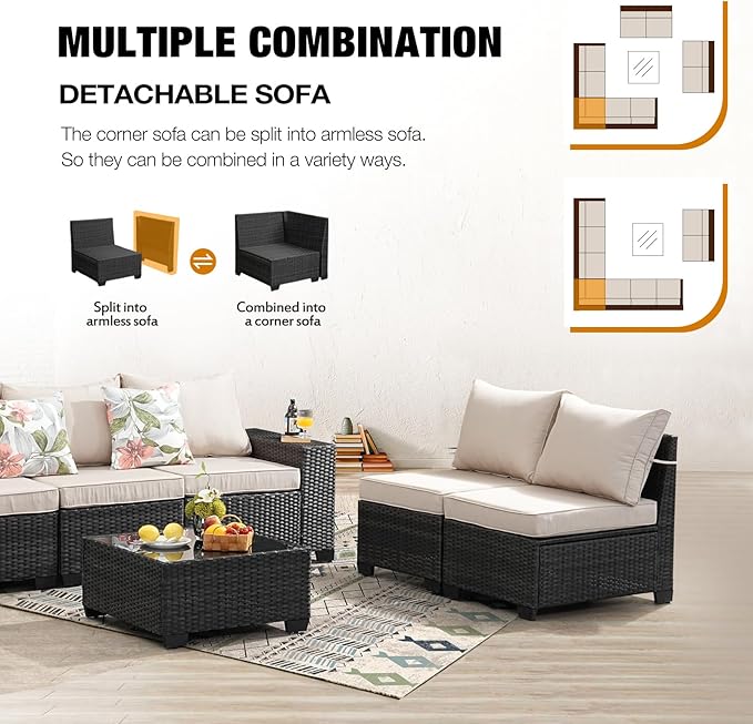 JOYURE 10 Pieces Patio Furniture Set All-Weather Outdoor Wicker Sectional Conversation Sofa Rattan Patio Seating Sofa with Cushion and Glass Table for Porch Poolside,Beige
