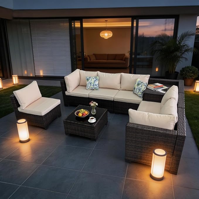 8 Pieces Patio Furniture Set with Storage, Outdoor Sectional Sofas | Storage Box with a Waterproof Bag, Wicker Modular Outdoor Sectional Furniture with Thick Cushions for Deck, Porch, Beige