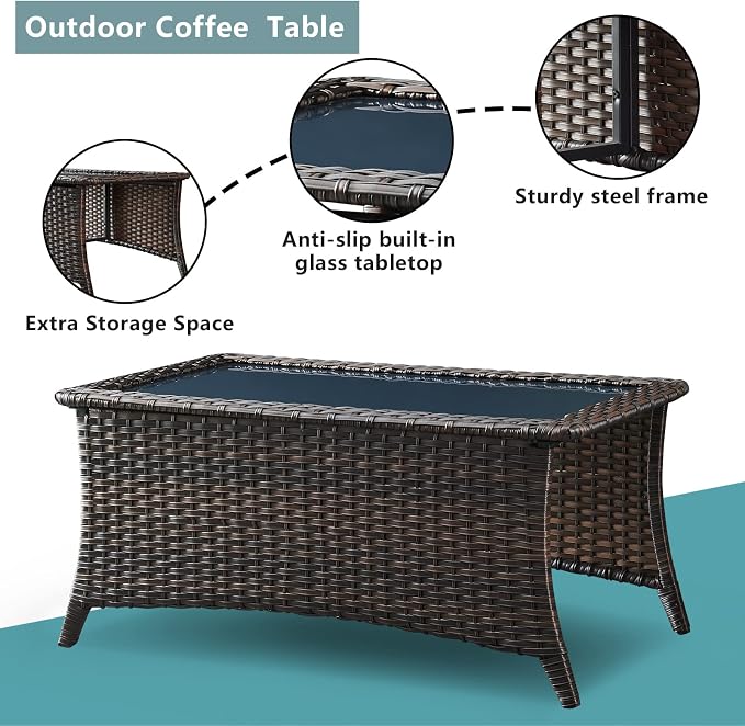 Patio Table Outdoor Coffee Tables - Rattan Wicker Coffee Table with Glass Top and 2-Tier Storage Shelf Rectangle for Outdoor Patio Porch Deck Balcony Garden(Brown/Glass Top)