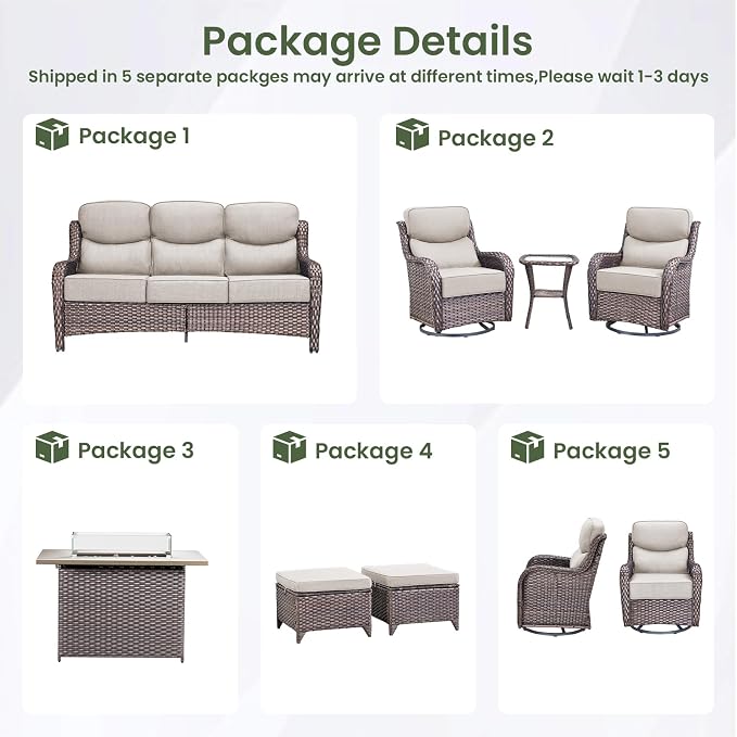 Luxury Patio Furniture Set with 6-inch Thick Cushion, Outdoor Furniture with Fire Pit Table, Swivel Chairs, Sofa, Side Table, Ottomans, 9pcs Wicker Conversation Set(Brown Wicker/Beige Cushion)