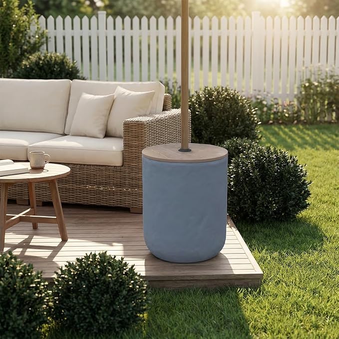 Outdoor Patio Side Table with Umbrella Hole, Grey All-Weather Coffee Table, Heavy-Duty Umbrella Stand Base for Yard Poolside Balcony No Assembly