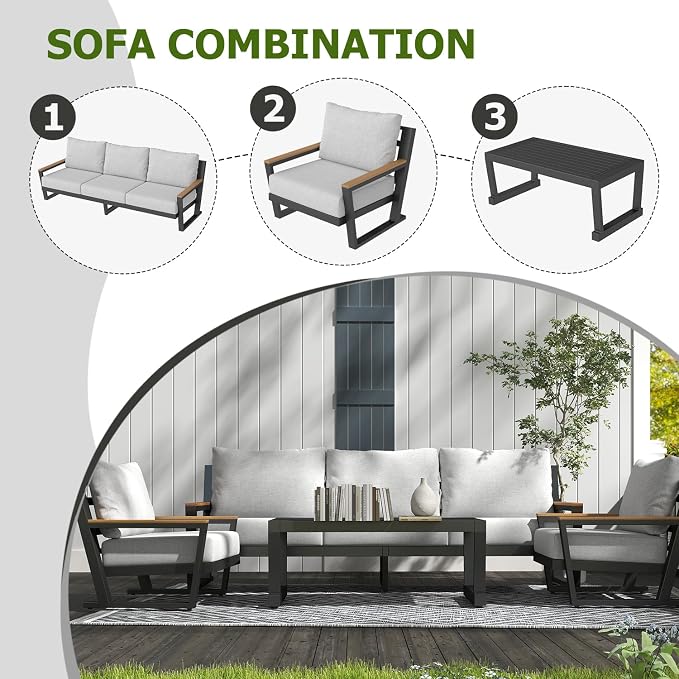 Aluminum Outdoor Patio Furniture Set with Coffee Table,4 Piece Patio Conversation Sets with Washable Thick Cushions, Outdoor Sectional Furniture Set for Porch, Balcony, Deck, Yard, Grey