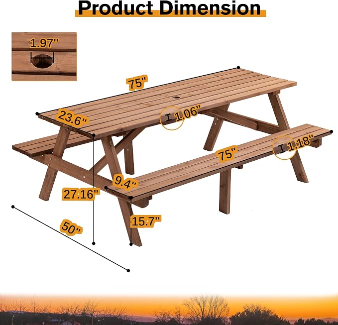 8 Person Rectangle Picnic Table, Outdoor Picnic Table with 2 Benches, Umbrella Hole, Outside Wood Picnic Table and Bench Set for Patio, Backyard, Garden, Porch, 2220lb Capacity - Brown