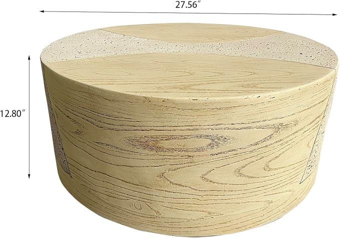 LIVILAND 27.6" Round Drum Coffee Table, Modern MgO Weatherproof Outdoor Center Table for Living Room & Patio, Japandi Faux Wood Grain, No Assembly Required (Sahara Oak Travertine)