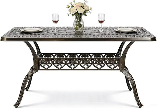 MEETWARM 60"x36" Cast Aluminum Patio Dining Table, Weather-Resistant Outdoor Dining Table for 6-8 Person, Patio Furniture Rectangular Table with Umbrella Hole and Adjustable Foot Pads, Dark Bronze