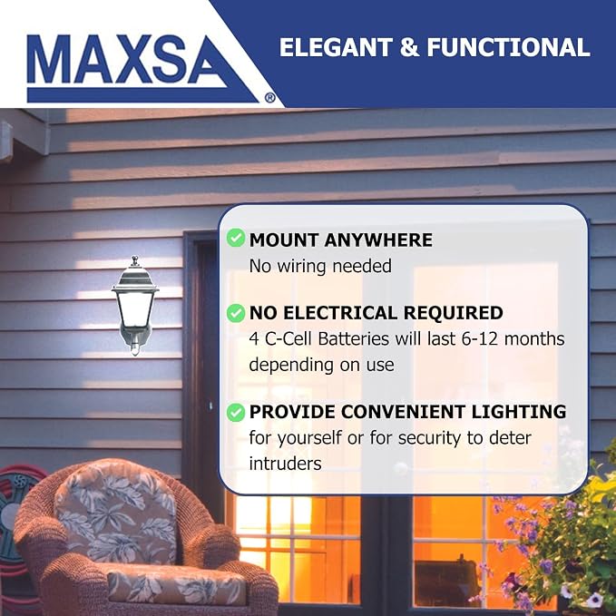 MAXSA 43319 Battery-Run Motion-Activated Outdoor Metal Wall Sconce Black | Metal and Glass Battery-Powered, No Wiring Needed, 13 x 8.5 x 6" Automatic Operation, Easy Installation Black Warm White LEDs