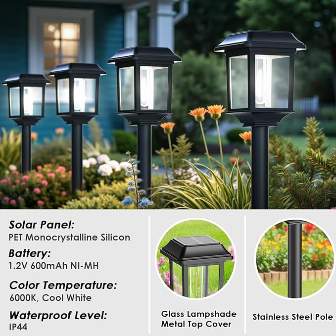 Mancra Solar Outdoor Lights Waterproof, 8 Pack Metal Glass Solar Pathway Lights Outdoor Lighting Garden Decor for Landscape Path Yard Patio Driveway (Cool White)