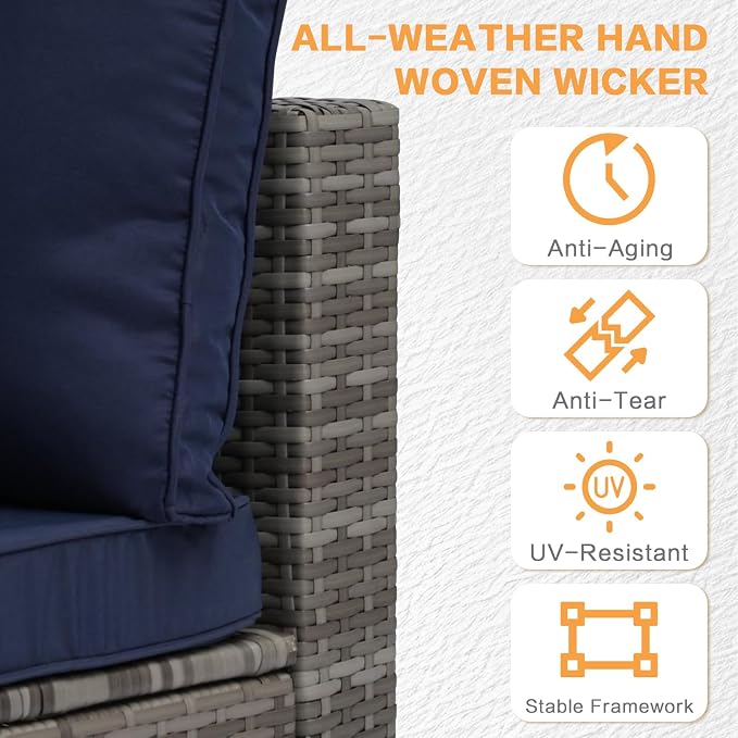 MOCHITO 7 Pcs Outdoor Patio Furniture Sets Grey Rattan Blue Cushions | All-Weather Sectional Sofa, with Glass Table, PE Rattan Wicker Patio Furniture , Washable Cushions, for Balcony Porch Garden