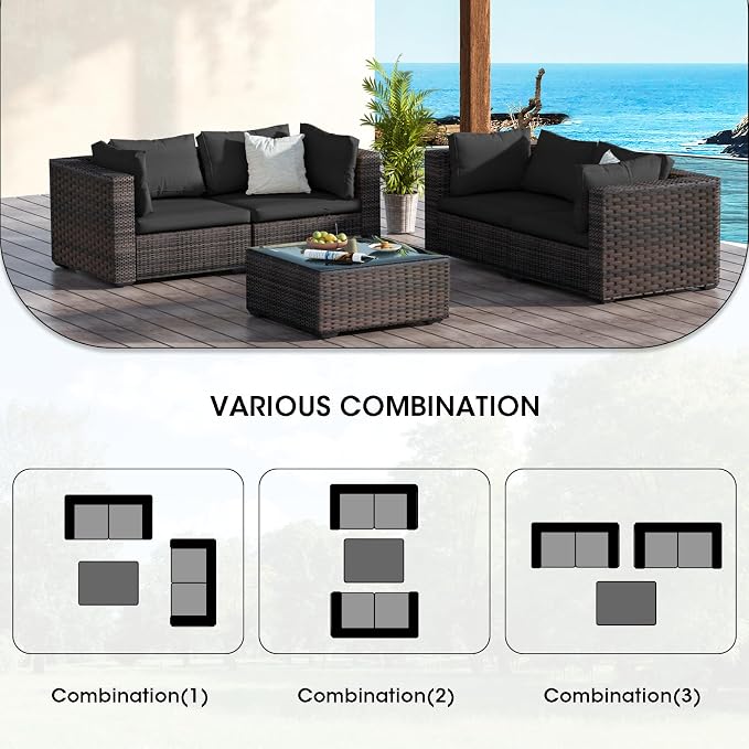 Patio Furniture Set 5 Piece All Weather PE Rattan Outdoor Sectional Sofa Couch with 4 x arm Sofa, No-Slip Cushions and Glass Top Table for Garden, Poolside, Backyard (Black)