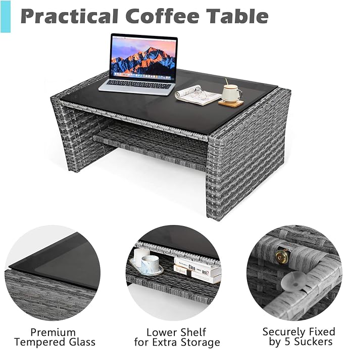 HAPPYGRILL 4-Pieces Patio Rattan Furniture Set Outdoor Conversation Set with Cushions and Coffee Table, Sectional Wicker Sofa Set for Garden Porch Balcony Poolside