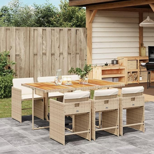 7 Piece Outdoor Dining Set, PE Rattan Patio Furniture with Acacia Wood Table and 6 Foldable Chairs, Comfortable Cushioned Seats for Garden Backyard Balcony