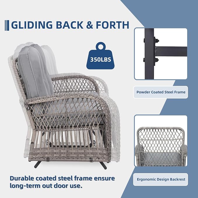 7-Piece Wicker Patio Furniture Sets Outdoor All-Weather Rattan Conversation Set Includes Glider Loveseat, 2 Glass-Top Coffee Tables, 2 Glider-Rocker Chairs for Porch Backyard, Gray