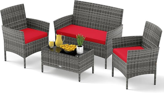 Tangkula 4 Pieces Patio Rattan Conversation Set, Outdoor Wicker Furniture Set with Cushioned Chair, Loveseat & Tempered Glass Table, Outside Sectional Sofa Set for Backyard (G-red,1)
