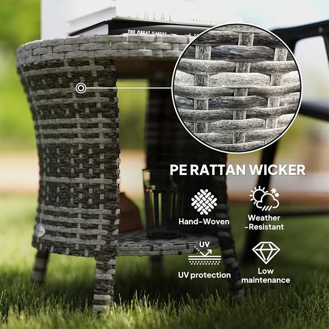 Outdoor Wicker Side Table Hourglass Shape Rattan Patio Table with Storage Shelf, All-Weather for Outside Patio, Porch, Garden, Grey