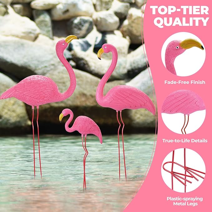 Ohuhu Family Flamingo Yard Ornaments, Set of 3 (32", 31", 19"), Pink | Metal Feet Stakes Bright Pink Flamingos Family, Garden Yard Patio Decoration, Great Party Decor Outdoor Gift