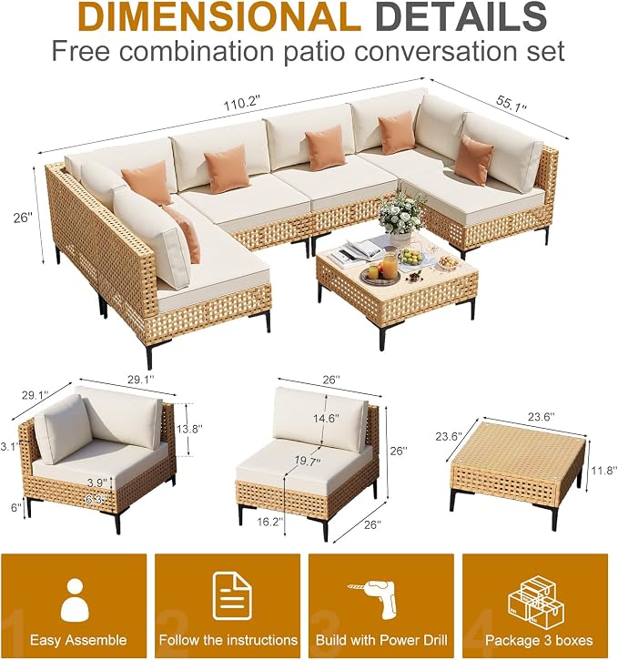 Patio Furniture Set 7 Piece Large Modular Outdoor Sectional Free Combination Outdoor Furniture with Thick Cushion All Weather Wicker Boho Patio Conversation Sets for Porch, Deck