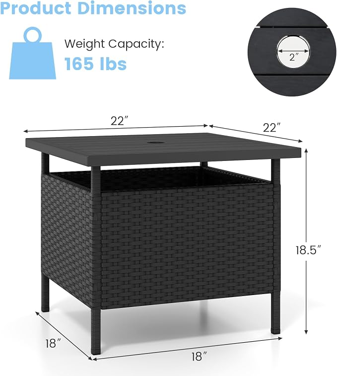 HAPPYGRILL Patio Umbrella Table Stand, Rattan Outdoor Side Table with Umbrella Hole, PE Wicker Frame, for Patio Garden Deck Poolside (Black)