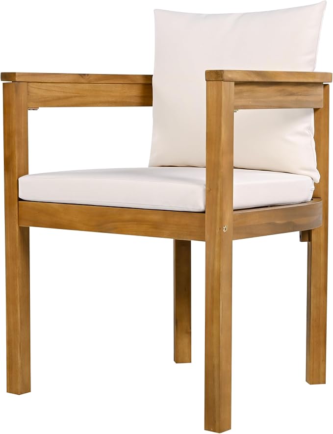 Christopher Knight Home Abact Acacia Wood Patio Dining Set for 4, Solid Wood Outdoor Dining Table Set for 4, Round Dining Table and Chairs Set of 4 with Cushion, Teak+Beige