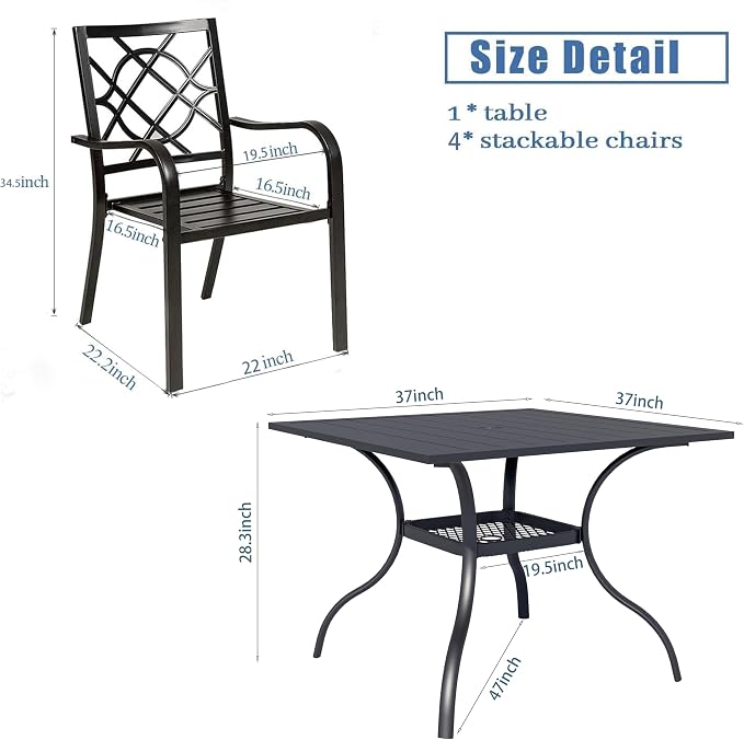 SOLAURA 6-Piece Outdoor Patio Dining Set, 4 Person Outside Table and Chairs Set, Metal Stacked Chairs of 4, Slat Table Top with 1.57" Umbrella Hole and 9 FT Patio Umbrella (Black)