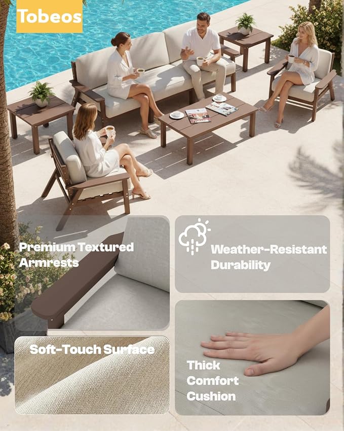 HDPE 5 Piece Patio Furniture Set, Outdoor Couch with Washable Thick Beige Cushions & Coffee Table, Outdoor Sectional Furniture for Backyard, Deck, Lawn, Porch (Brown Frame)