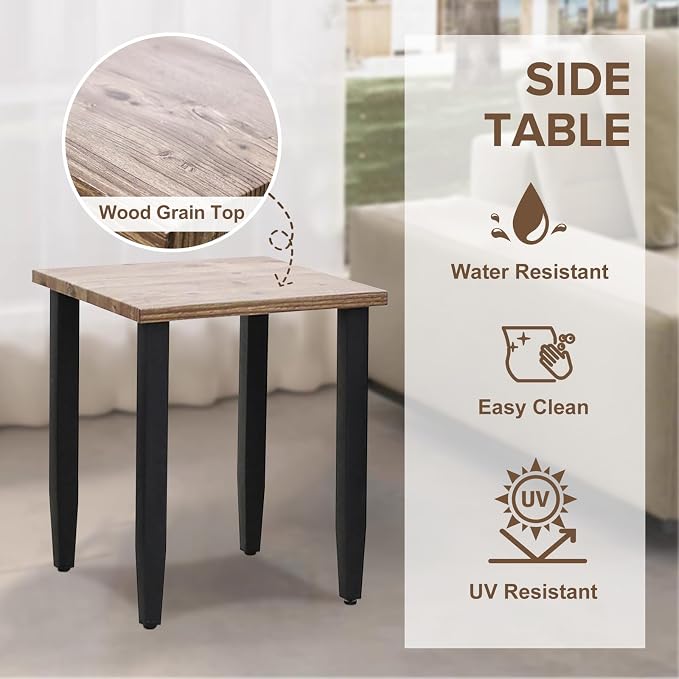 COOS BAY Modern Outdoor Table, Patio Side Table with Wood Grain Top, Metal Weather-Resistant Table for Deck, Porch, Balcony, Garden, 20.9" x 20.9" x 24.2", Brown