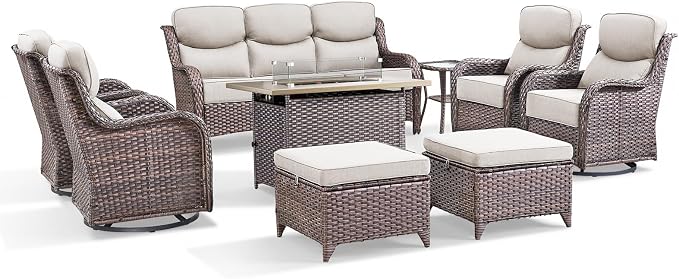 Luxury Patio Furniture Set with 6-inch Thick Cushion, Outdoor Furniture with Fire Pit Table, Swivel Chairs, Sofa, Side Table, Ottomans, 9pcs Wicker Conversation Set(Brown Wicker/Beige Cushion)