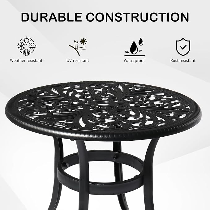 VINGLI 23.6" Cast Aluminum Round Patio Table with Umbrella Hole - All Weather Outdoor Bistro & End Table (Black)