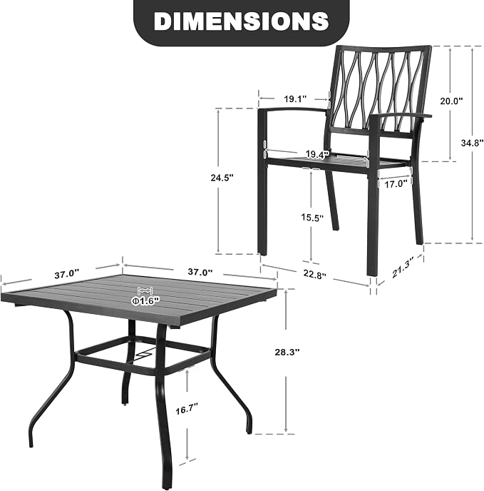 NUU GARDEN 5 Piece Patio Dining Set, 4 Metal Patio Dining Chairs Stackable and 37" Square Dining Table with 1.57" Umbrella Hole for Backyard, Deck, Patio, Garden, Black