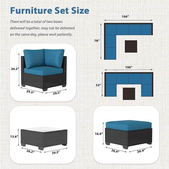 AECOJOY 7 Piece Outdoor Patio Furniture Set, Outdoor Sectional Conversation Furniture Chair with Coffee Table, Patio Sectional for Backyard, Garden(Peacock Blue Cushion and Black Ratta, with Cover)