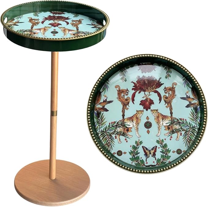 Gesodant Boho Single Leg Round Side Table with Tray Top, Pedestal Drink Table for Small Spaces, Aesthetic Accent Nightstand for Living Room, Bedroom, Corners, and Office (Yellow Leg Leopard)