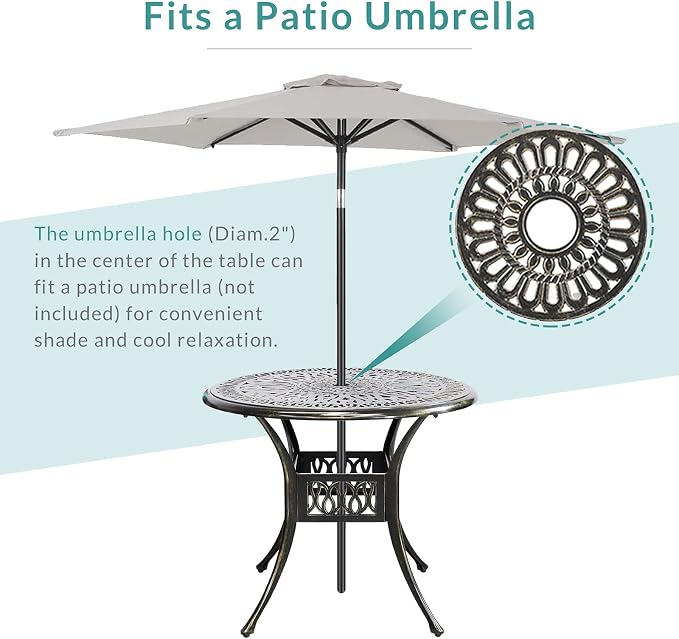 MEETWARM 35.4" Round Patio Dinning Table, Outdoor Cast Aluminum Dinning Table with 2" Umbrella Hole, Dark Bronze