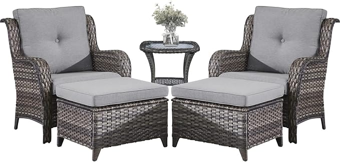 Belord Outdoor Wicker Furniture 5 Pieces Patio Furniture Set Patio Chairs with Ottomans and Side Table Conversation Set for Porch Garden Deck Balcony Poolside