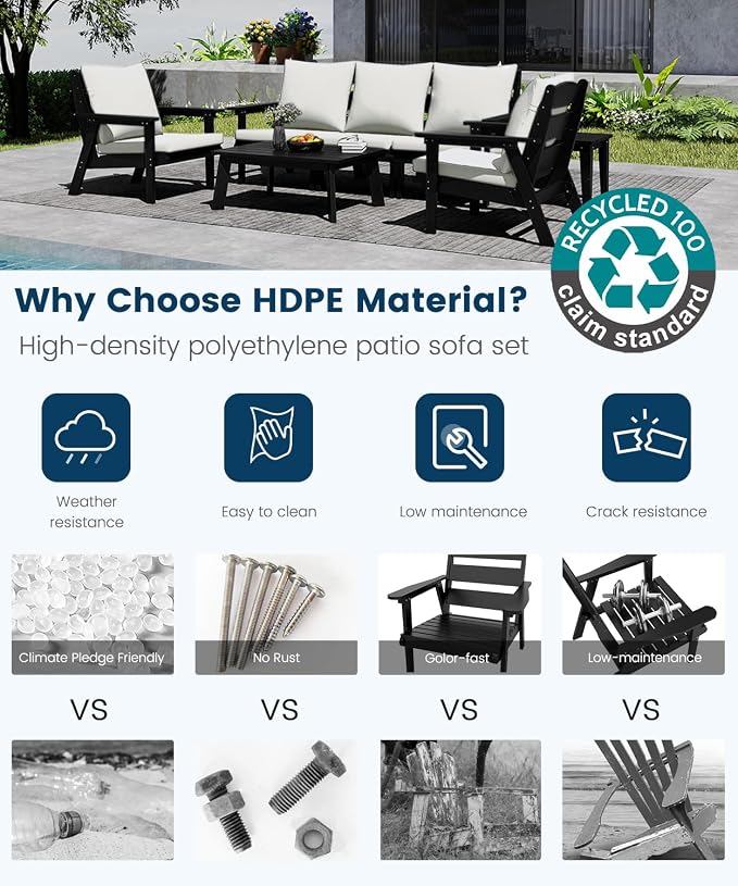FOOWIN 7-Piece Patio Furniture Set, HDPE All-Weather Outdoor Conversation Set with Thick Cushions, Sectional Patio Sofa Furniture for Deck, Porch, Lawn, Garden, Black Frame & White Cushion