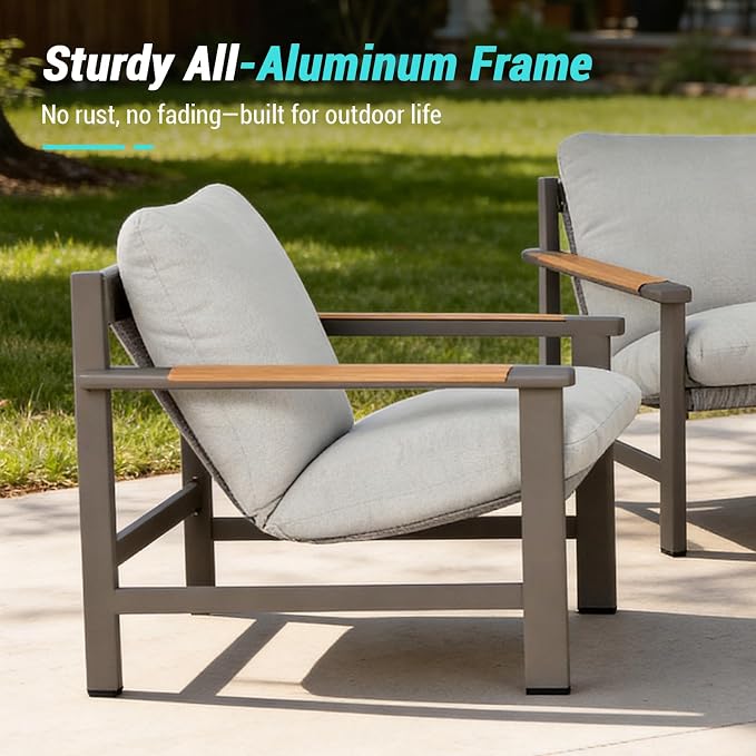 Grand patio 4-Piece Patio Conversation Set, All-Aluminum Outdoor Furniture Set with Teak-Look Armrests & Olefin Cushions, Weather-Resistant Patio Furniture for Backyard, Porch, Balcony, Deck