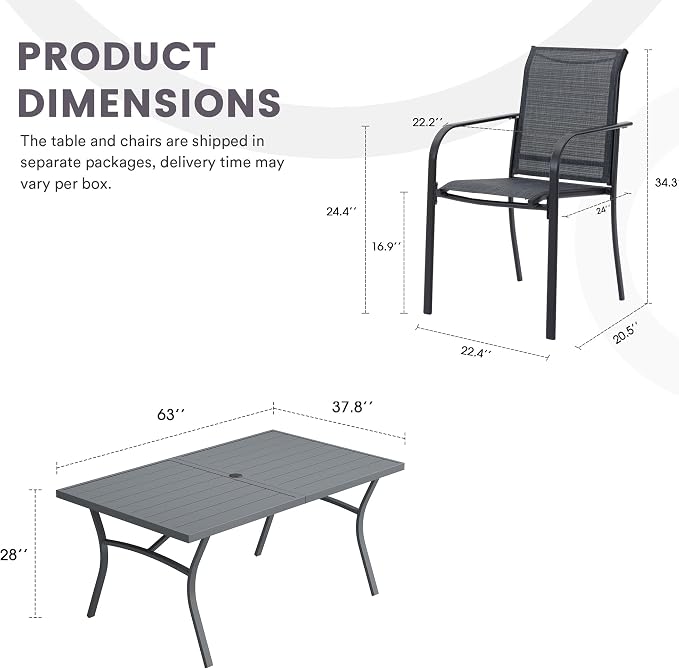 7 Pieces Patio Dining Set, 63" Rectangular Dining Table with Umbrella Hole, 6 Stackable Textilene Fabric Chairs, Metal Structure for Patio, Porch, Garden(Grey Table, Grey Chair)