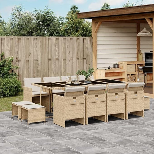 13 Piece Outdoor Patio Dining Set with Cushions, Beige Poly Rattan Garden Table and 8 Folding Chairs with 4 Stools, Space-Saving Tempered Glass Dining Set for Backyard, Lawn, Deck Entertaining