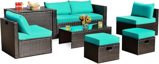 RELAX4LIFE 8-Piece Patio Furniture Set - PE Wicker Conversation Set w/Cushions, Pillows, Tempered Glass Table, Storage Box, Outdoor Sectional Sofa Set for Yard, Deck (Turquoise)