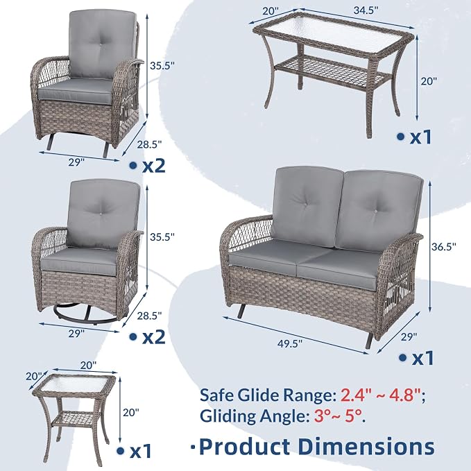 7-Piece Wicker Patio Furniture Sets Outdoor All-Weather Rattan Conversation Set Includes Glider Loveseat, 2 Glass-Top Coffee Tables, 2 Swivel-Gliders Chairs for Porch Backyard, Gray