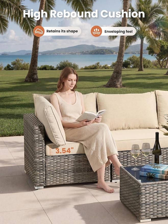 ovios Outdoor 9 Piece Coversation Set with Swivel Rocking Chair,Sectional Patio Furniture Set with All-Weather Wicker Sofa,Modern Outside Couch for Balcony Backyard Pool, Beige