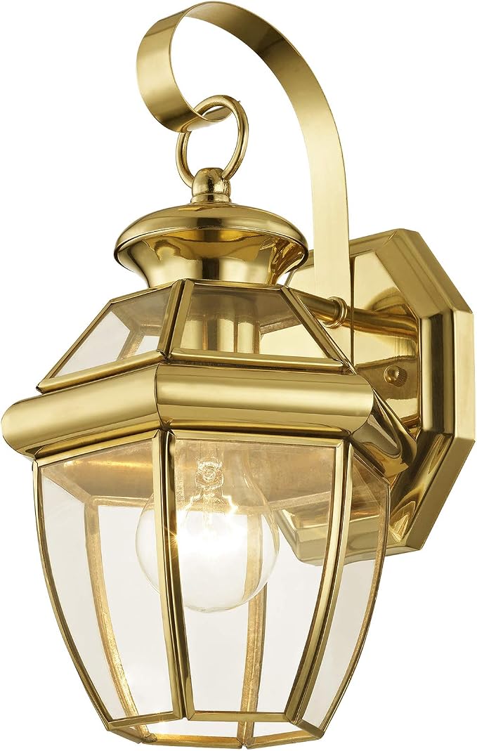 Livex Lighting 2051-02 Monterey 1-Light Wall Lantern, Polished Brass | Clear Beveled Glass; Solid brass construction