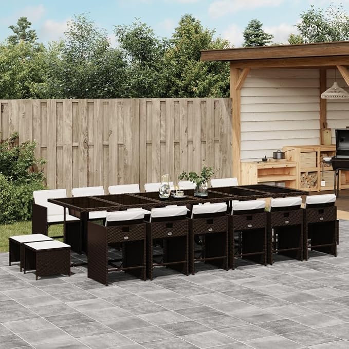 17 Piece Patio Dining Set with Cushions, Brown Poly Rattan Garden Table and Chairs for 16-Seater Outdoor Furniture, Weather-Resistant Backyard Seating Set