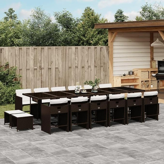 17-Piece Outdoor Patio Dining Set, 16-Seater Poly Rattan Garden Furniture with Cushions, Foldable Chairs and Stools for Backyard Space-Saving
