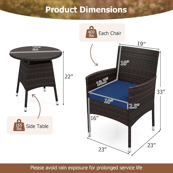 Tangkula 3 Piece Patio Furniture Set, Hand-Woven PE Wicker Conversation Set with Contoured Armchairs, Cushions & Round Coffee Table, Outside Bistro Set for Porch, Backyard, Balcony (Navy Blue)