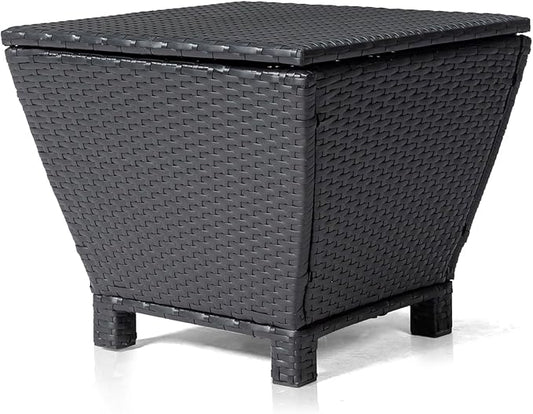 Outdoor PE Wicker Side Table with Storage, Small Patio Storage Bin Container for Hose Cushion Towel (Black)