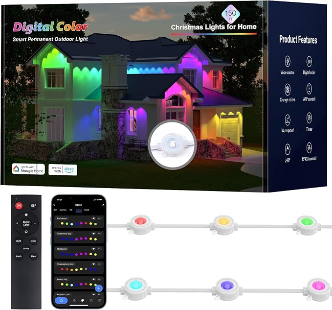 Permanent Outdoor Lights, 150ft with 90 LEDs Smart RGB, 68+ Scene Modes IP66 Waterproof, Alexa/Google Assistant Compatible Holiday Lighting for Christmas Halloween Patio Decor