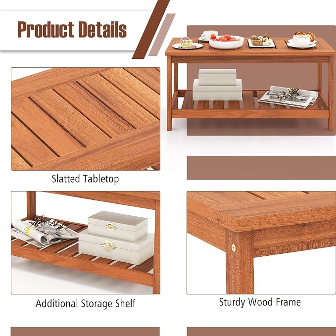 HAPPYGRILL Patio Coffee Table, Double-Tier Side Table with Solid Wood Structure, Slatted Tabletop & Shelf, Outdoor 2-Layer Rectangle Coffee Table for Backyard Porch Balcony