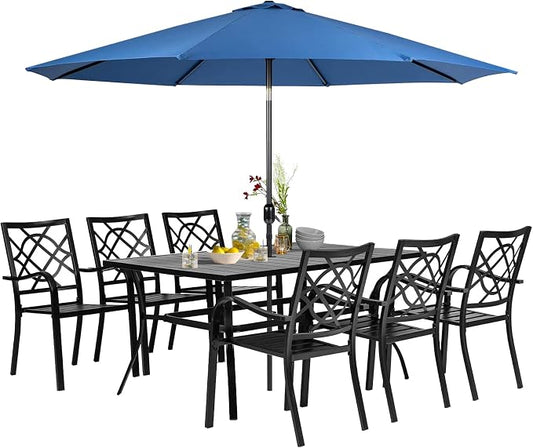 7 Pieces Patio Metal Furniture Outdoor Dining Set with 6 Stackable Bistro Chairs, 60'' x 37'' Rectangle Table and 10Ft Dark Blue Umbrella