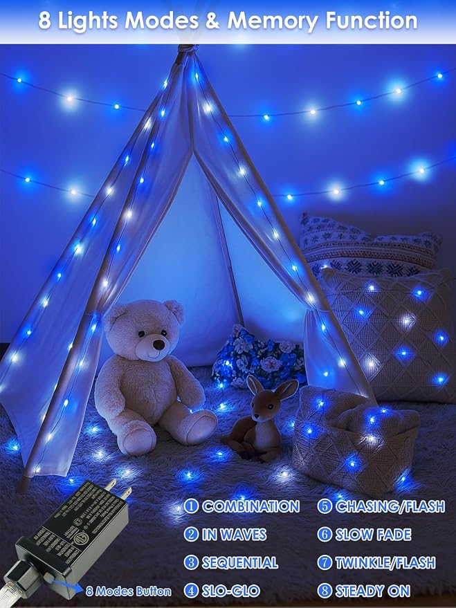 66FT 200 LED Fairy Lights Plug in, 8 Modes Twinkle Lights Blue and White | Waterproof String Lights Outdoor Indoor, Memory, Timer, Copper Wire, Christmas Lights for Bedroom Garden Party Holiday Decor
